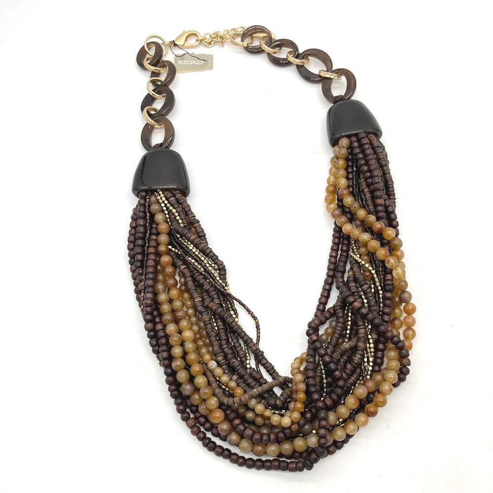Chicos Brown Multi Strand Wood Resin Bead Statement Necklace Tortoise Links